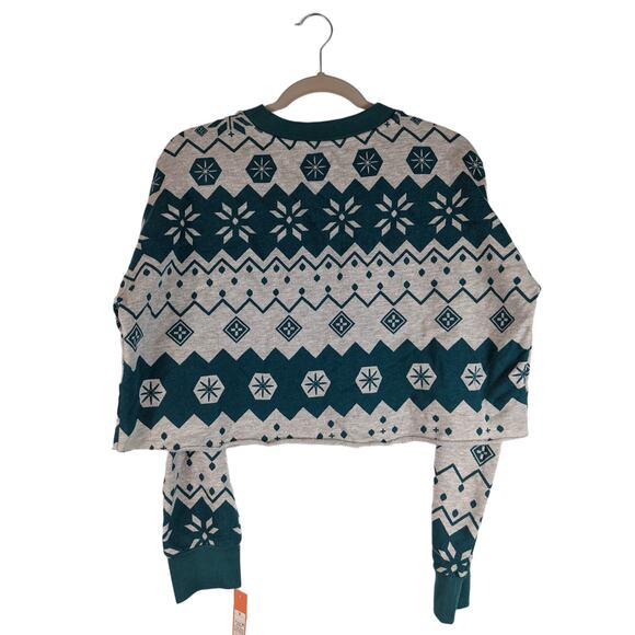 Colsie Cropped Sweatshirt Fair Isle Fleece Lounge Gray S Teal Long Sleeves Crew - Picture 4 of 9